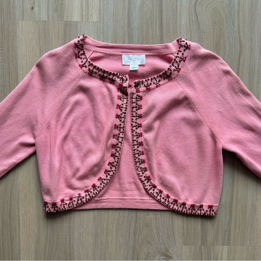 Pink Cardigan Women’s Small Bolero Beaded Sequins Ann Taylor